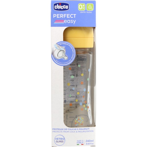 Biberon Vidrio Tetina Silicona Chicco Perfect Easy Flujo Lento + 0 Meses 240ml Color Amarillo