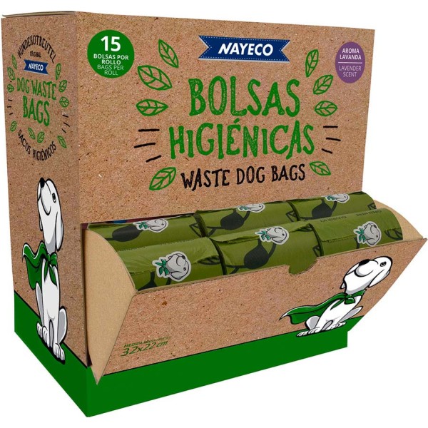 Rollo de 15 bolsas higiénicas degradables aroma lavanda 33 x 22 cm, 60 uds expositor